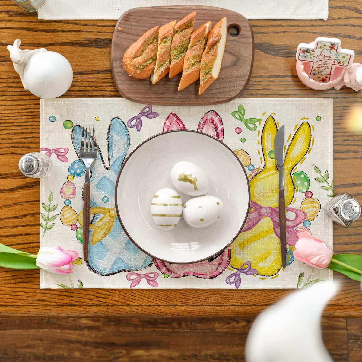 Bunny Rabbits Eggs Easter Placemats Set of 4, 12x18 Inch Floral Bow Seasonal Spring Holiday Table Mats for Party Kitchen Dining Decoration - Image 2
