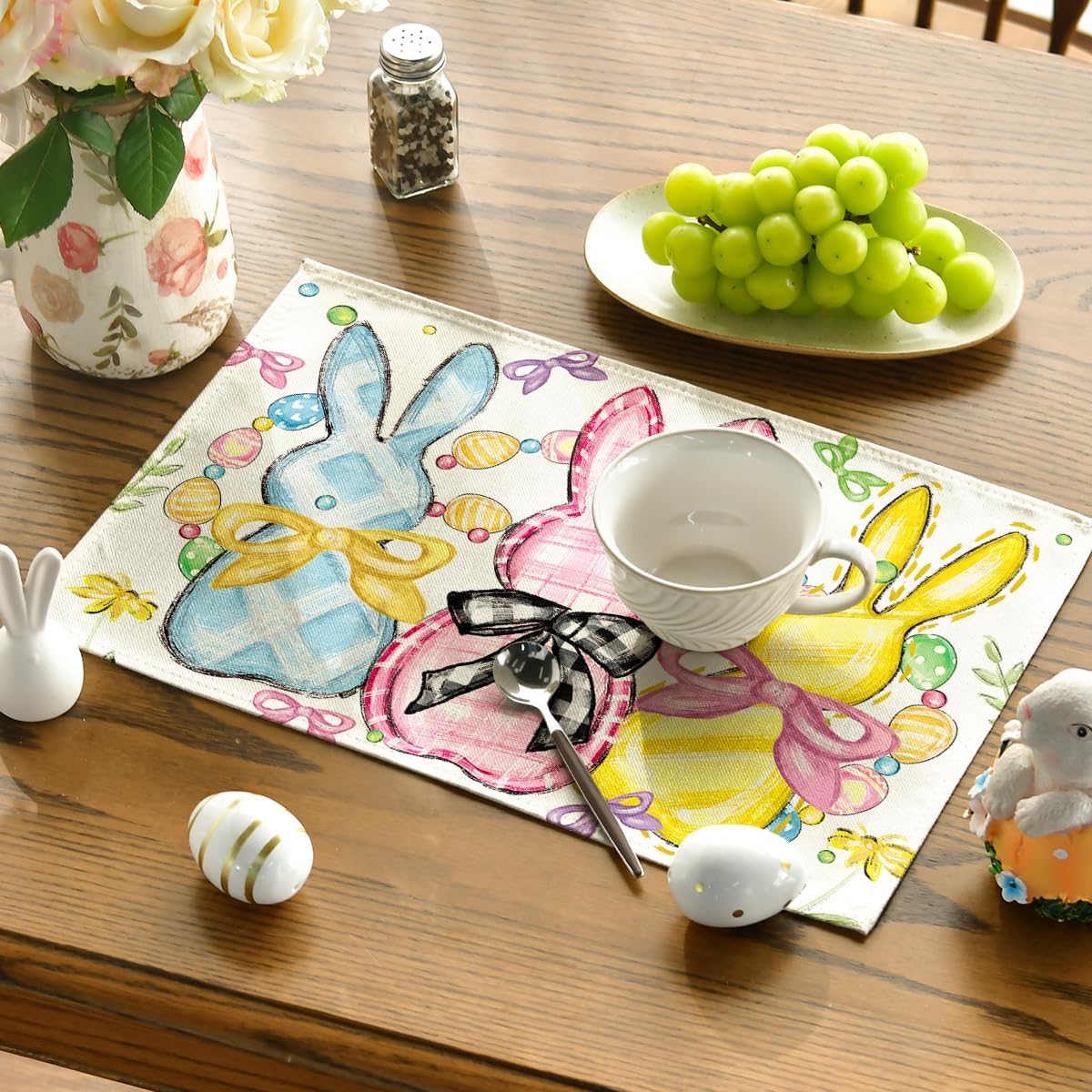Bunny Rabbits Eggs Easter Placemats Set of 4, 12x18 Inch Floral Bow Seasonal Spring Holiday Table Mats for Party Kitchen Dining Decoration - Image 3