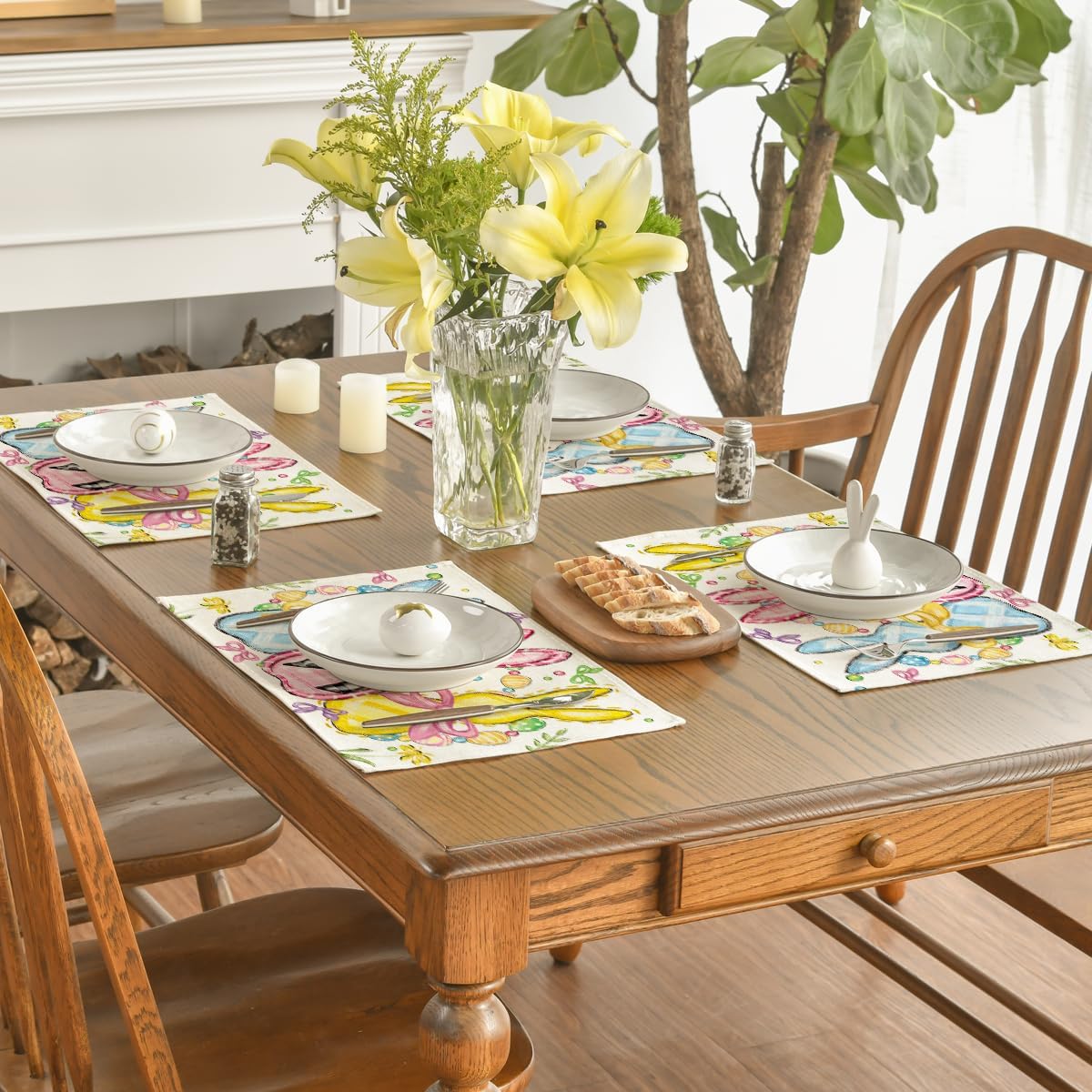 Bunny Rabbits Eggs Easter Placemats Set of 4, 12x18 Inch Floral Bow Seasonal Spring Holiday Table Mats for Party Kitchen Dining Decoration - Image 4