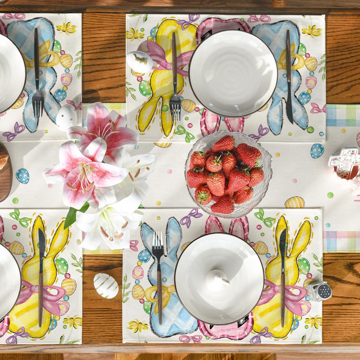 Bunny Rabbits Eggs Easter Placemats Set of 4, 12x18 Inch Floral Bow Seasonal Spring Holiday Table Mats for Party Kitchen Dining Decoration - Image 5
