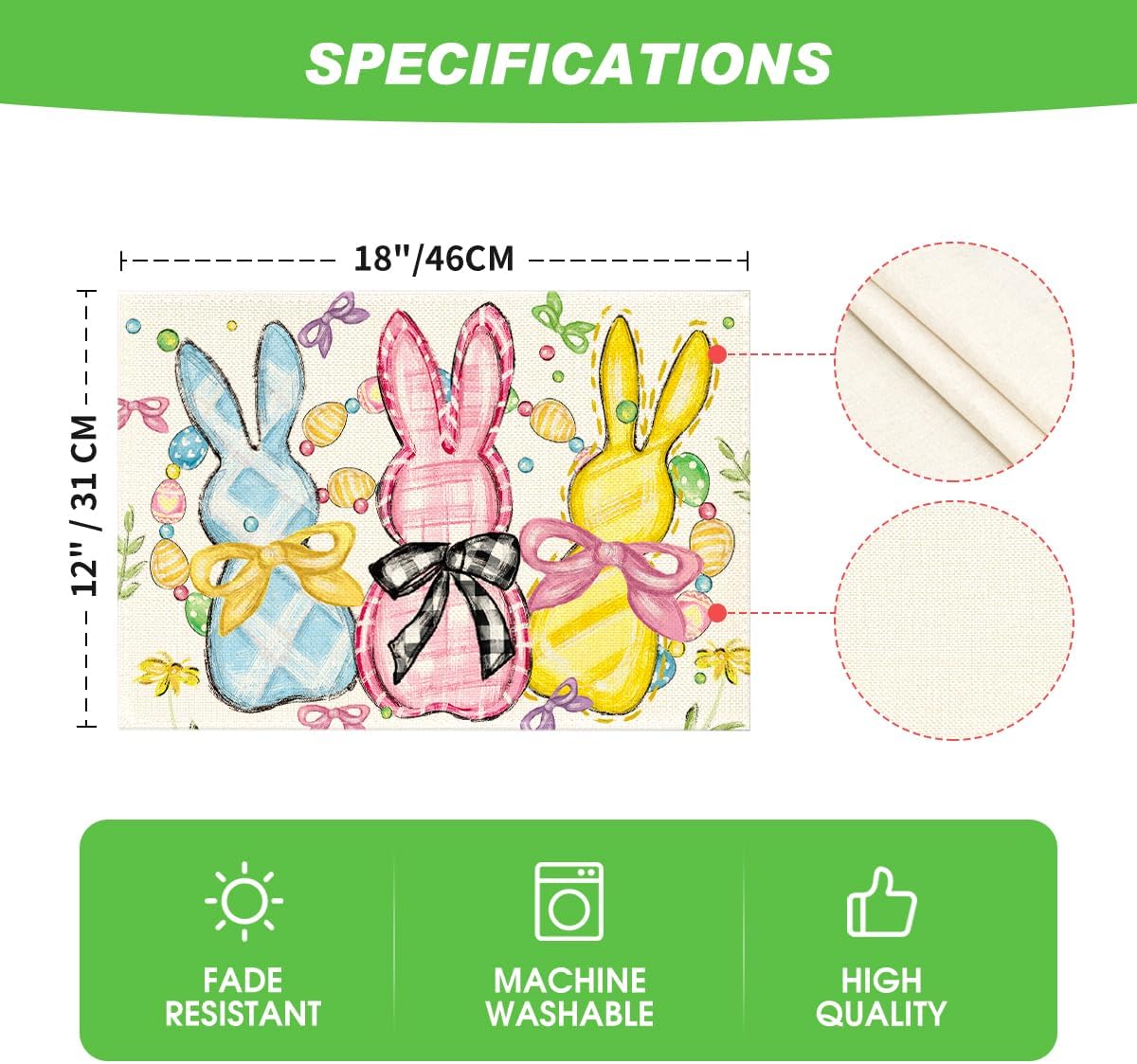 Bunny Rabbits Eggs Easter Placemats Set of 4, 12x18 Inch Floral Bow Seasonal Spring Holiday Table Mats for Party Kitchen Dining Decoration - Image 6