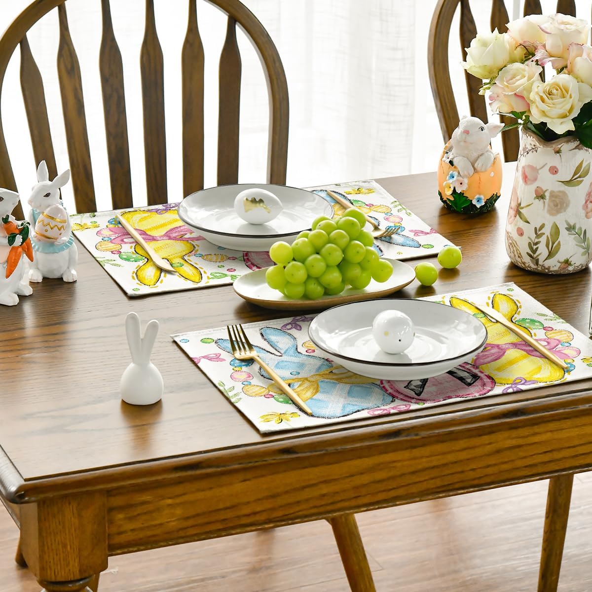 Bunny Rabbits Eggs Easter Placemats Set of 4, 12x18 Inch Floral Bow Seasonal Spring Holiday Table Mats for Party Kitchen Dining Decoration - Image 7