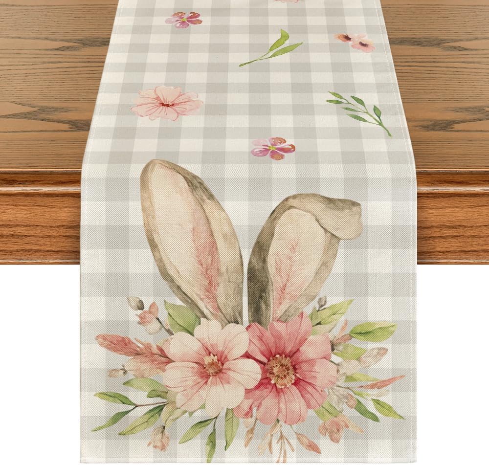 Buffalo Plaid Bunny Rabbit Ears Flower Easter Table Runner, Spring Summer Seasonal Holiday Kitchen Dining Table Decoration for Indoor Outdoor Home Party Decor 13 x 72 Inch - Image 1
