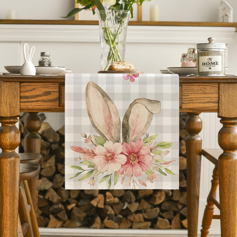 Buffalo Plaid Bunny Rabbit Ears Flower Easter Table Runner, Spring Summer Seasonal Holiday Kitchen Dining Table Decoration for Indoor Outdoor Home Party Decor 13 x 72 Inch - Image 2
