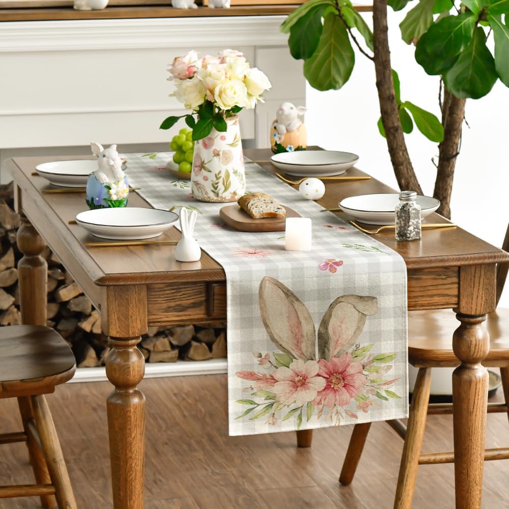 Buffalo Plaid Bunny Rabbit Ears Flower Easter Table Runner, Spring Summer Seasonal Holiday Kitchen Dining Table Decoration for Indoor Outdoor Home Party Decor 13 x 72 Inch - Image 3