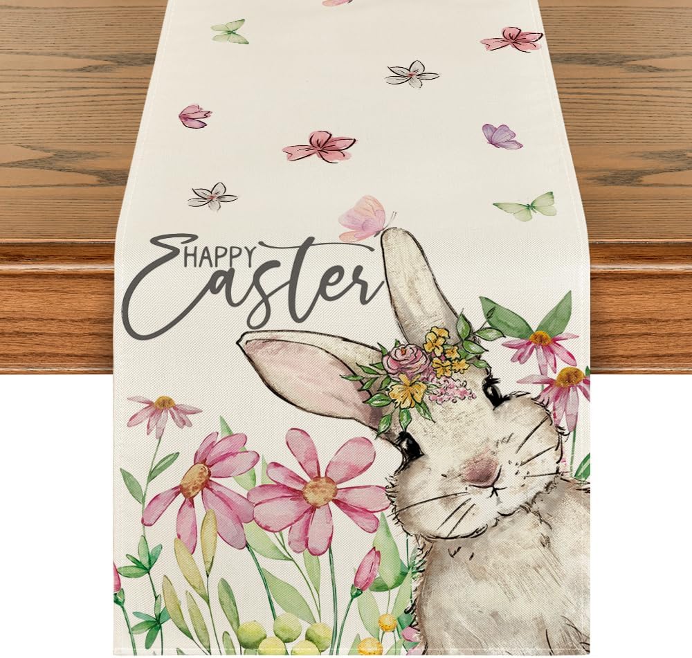Daisy Bunny Rabbit Easter Table Runner, Seasonal Spring Kitchen Dining Table Decoration for Home Party Decor 13x72 Inch - Image 1