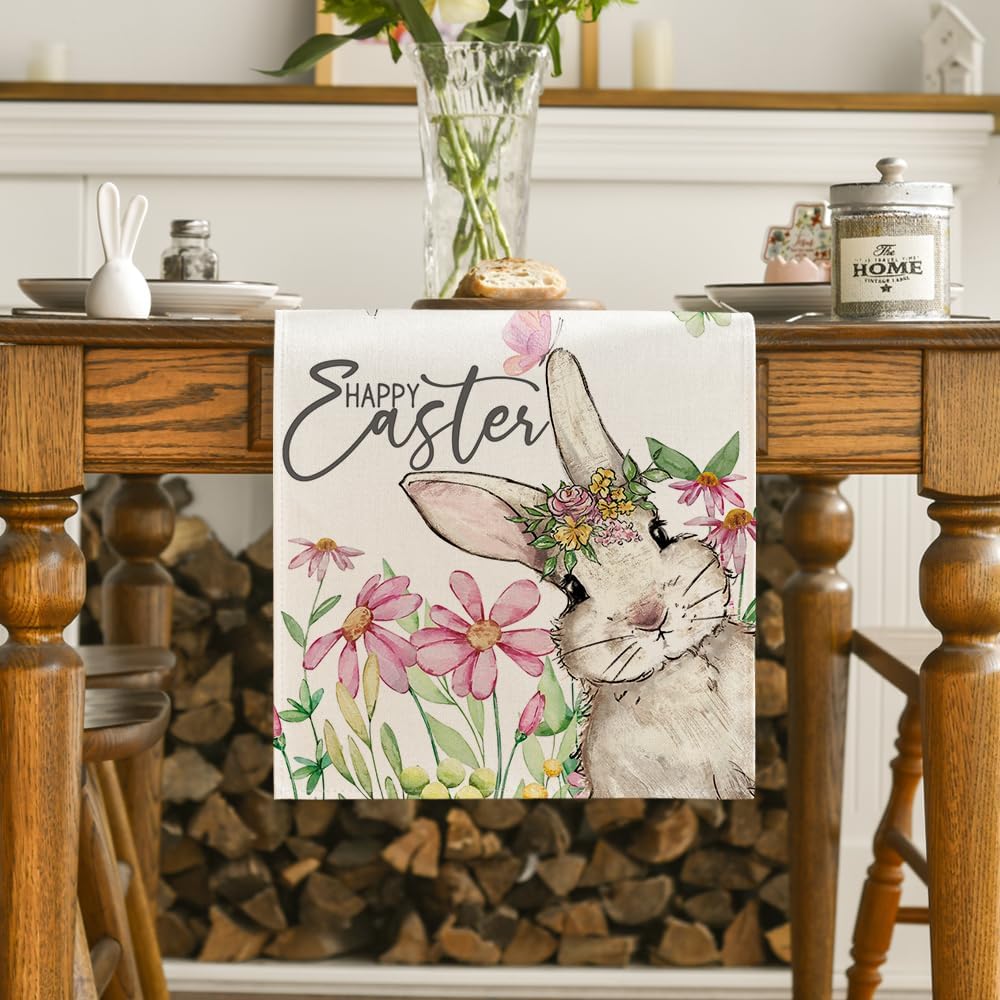Daisy Bunny Rabbit Easter Table Runner, Seasonal Spring Kitchen Dining Table Decoration for Home Party Decor 13x72 Inch - Image 2