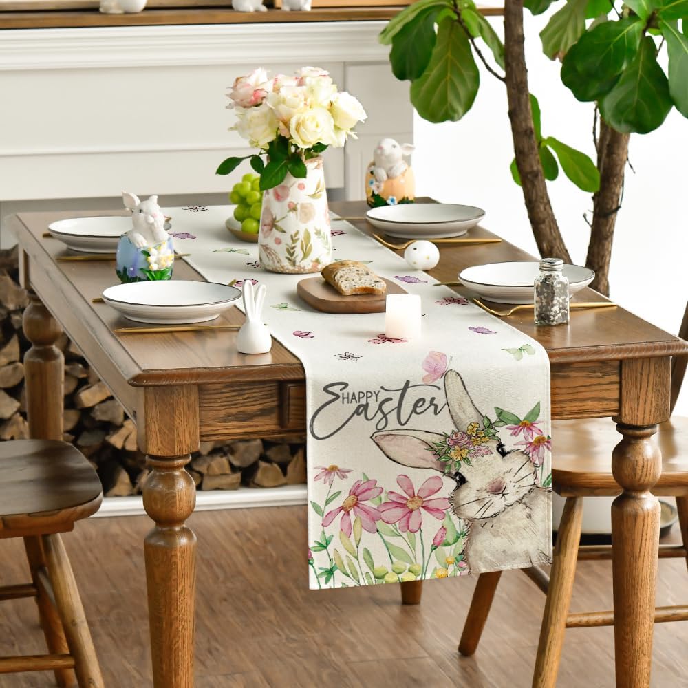 Daisy Bunny Rabbit Easter Table Runner, Seasonal Spring Kitchen Dining Table Decoration for Home Party Decor 13x72 Inch - Image 3