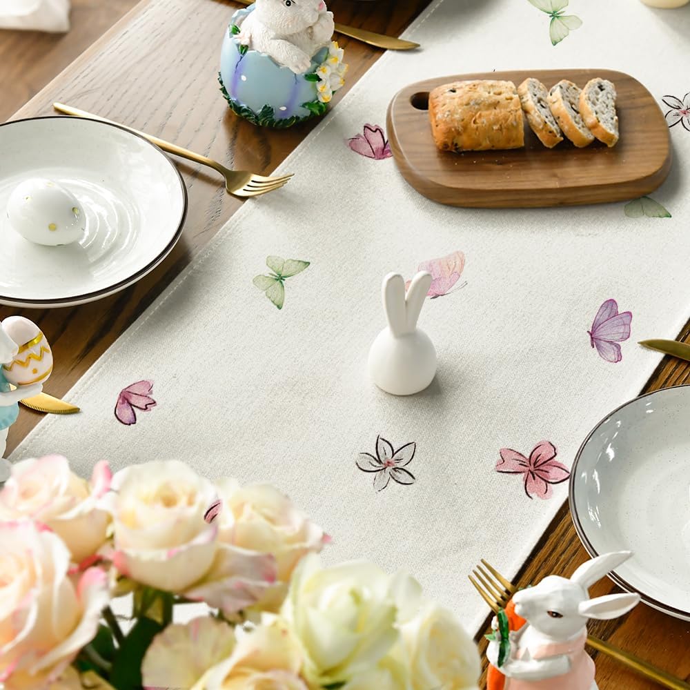 Daisy Bunny Rabbit Easter Table Runner, Seasonal Spring Kitchen Dining Table Decoration for Home Party Decor 13x72 Inch - Image 4