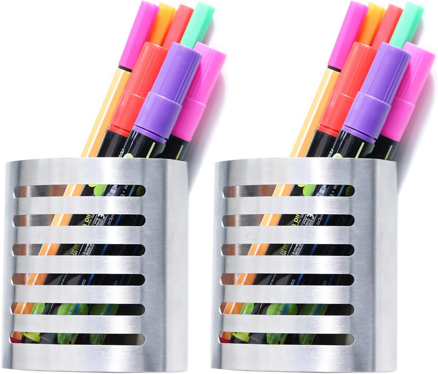 2 Pack Magnetic Modern Pen and Pencil Holder, Metal Writing Utensil Storage Organizer for Kitchen, Locker, Home, or Office, 3.25