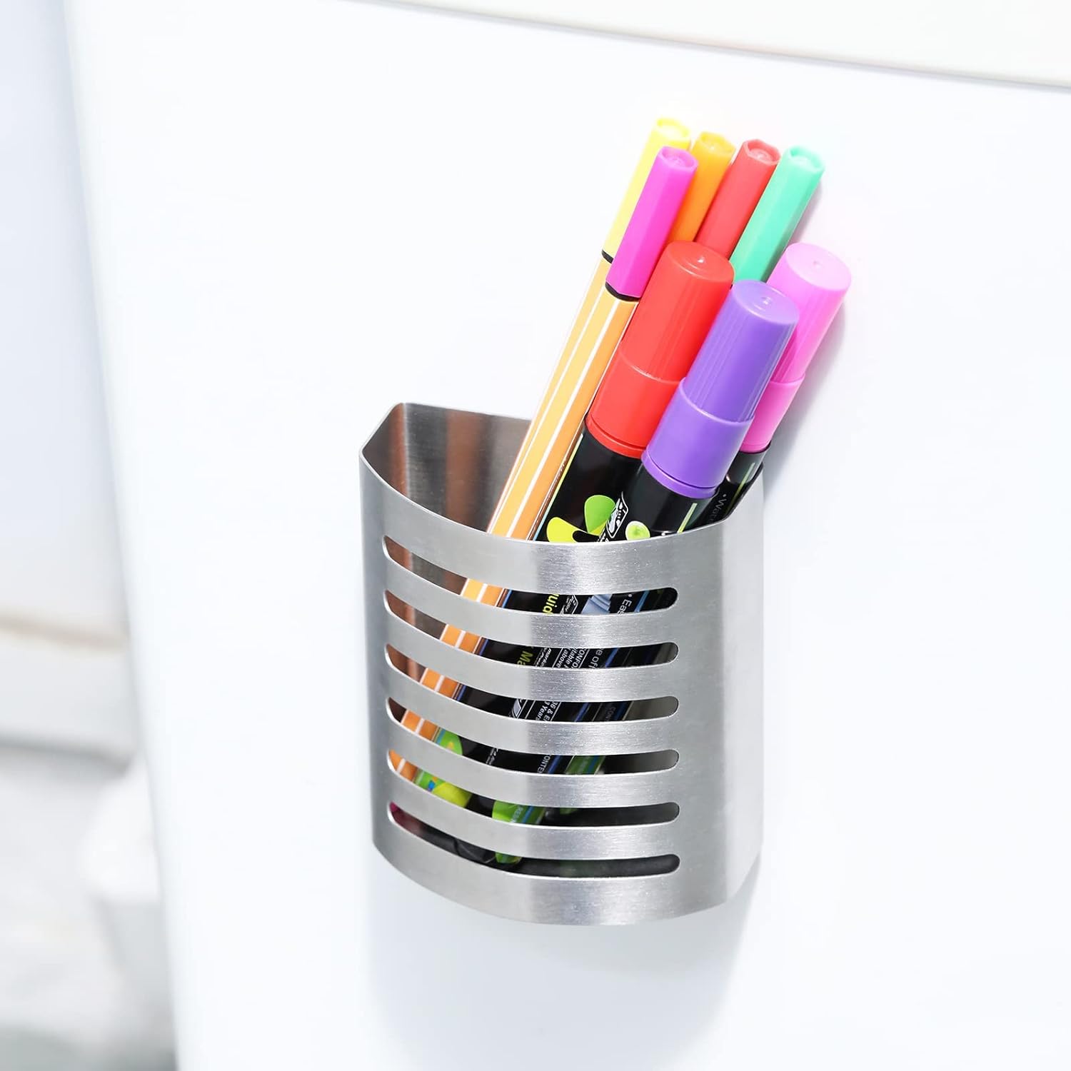 2 Pack Magnetic Modern Pen and Pencil Holder, Metal Writing Utensil Storage Organizer for Kitchen, Locker, Home, or Office, 3.25