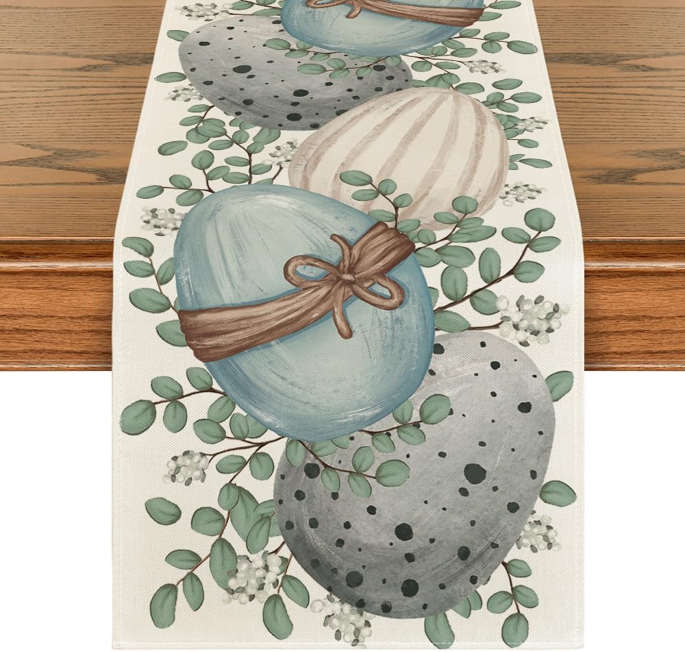 Eucalyptus Egg Easter Table Runner, Spring Kitchen Dining Table Decor for Indoor Outdoor Home Party Decor 13x72 Inch - Image 1