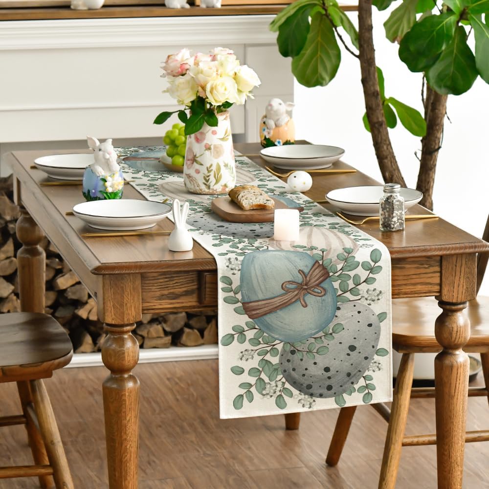 Eucalyptus Egg Easter Table Runner, Spring Kitchen Dining Table Decor for Indoor Outdoor Home Party Decor 13x72 Inch - Image 3