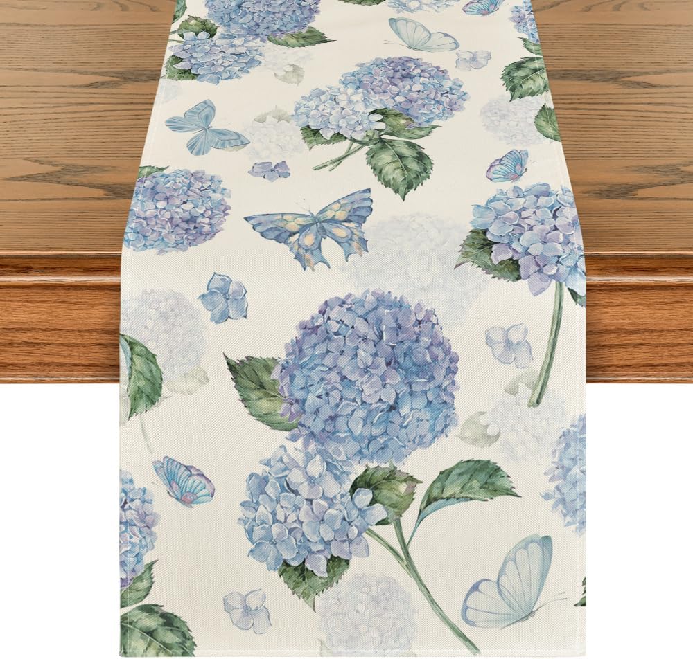 Hydrangea Butterfly Summer Table Runner, Seasonal Spring Holiday Kitchen Dining Table Decoration for Home Party Indoor 13x72 Inch - Image 1