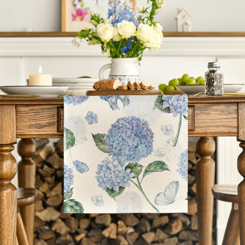 Hydrangea Butterfly Summer Table Runner, Seasonal Spring Holiday Kitchen Dining Table Decoration for Home Party Indoor 13x72 Inch - Image 2