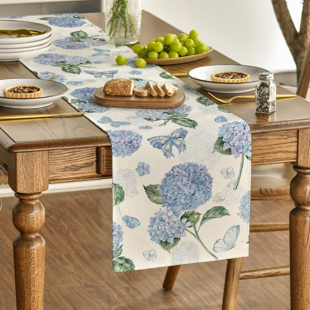 Hydrangea Butterfly Summer Table Runner, Seasonal Spring Holiday Kitchen Dining Table Decoration for Home Party Indoor 13x72 Inch - Image 3