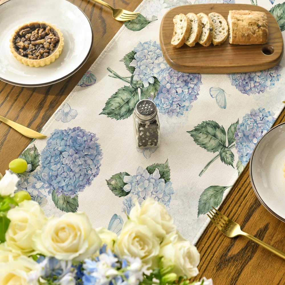 Hydrangea Butterfly Summer Table Runner, Seasonal Spring Holiday Kitchen Dining Table Decoration for Home Party Indoor 13x72 Inch - Image 4