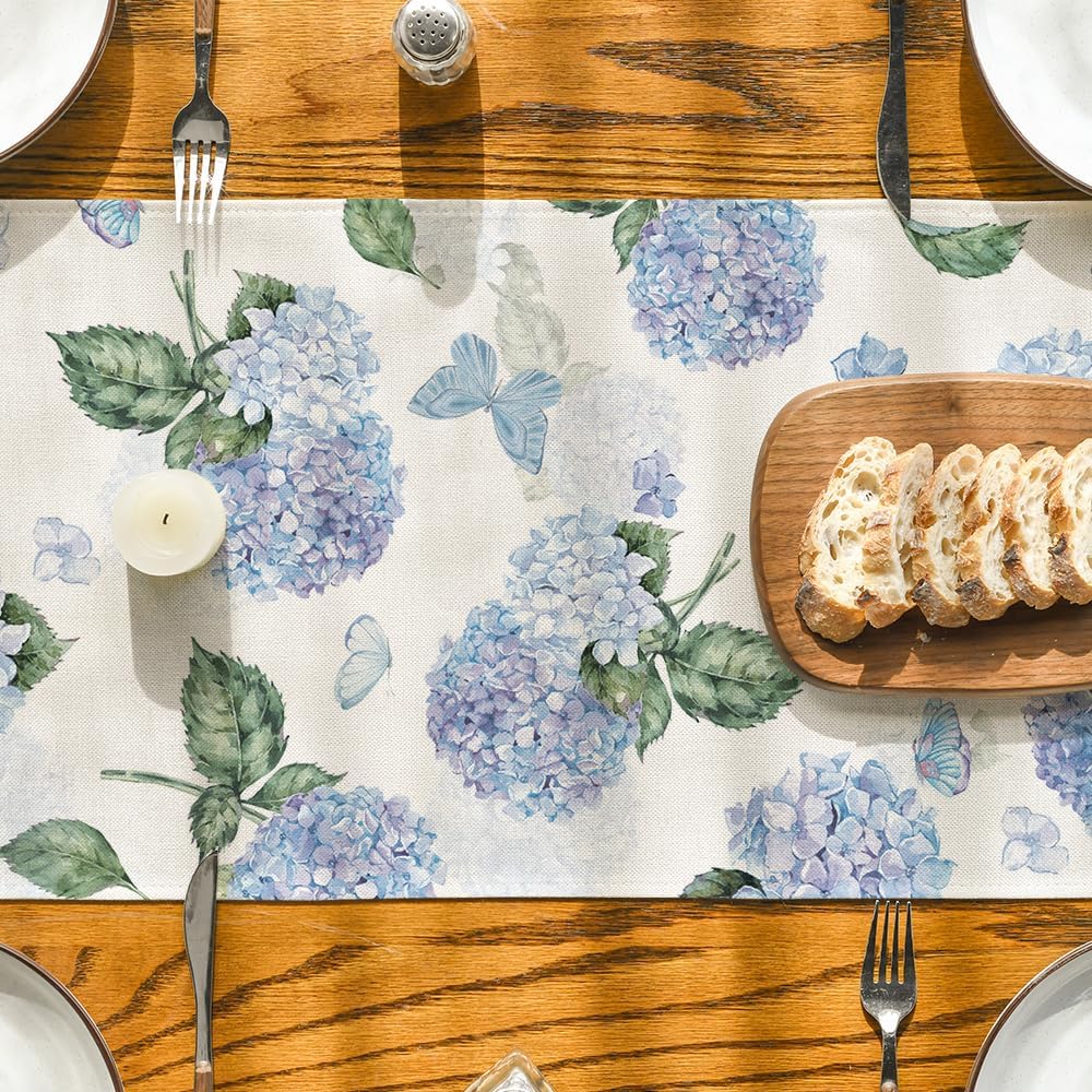 Hydrangea Butterfly Summer Table Runner, Seasonal Spring Holiday Kitchen Dining Table Decoration for Home Party Indoor 13x72 Inch - Image 7