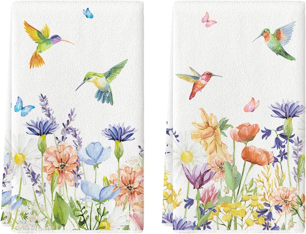 Anemone Flower Hummingbird Kitchen Towels Dish Towels, 18x26 Inch Seasonal Spring Summer Wild Floral Holiday Decoration Hand Towels Set of 2 - Image 1
