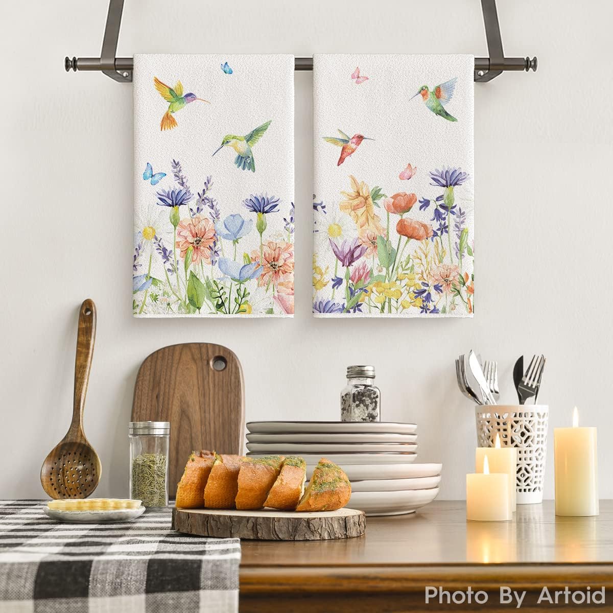 Anemone Flower Hummingbird Kitchen Towels Dish Towels, 18x26 Inch Seasonal Spring Summer Wild Floral Holiday Decoration Hand Towels Set of 2 - Image 2