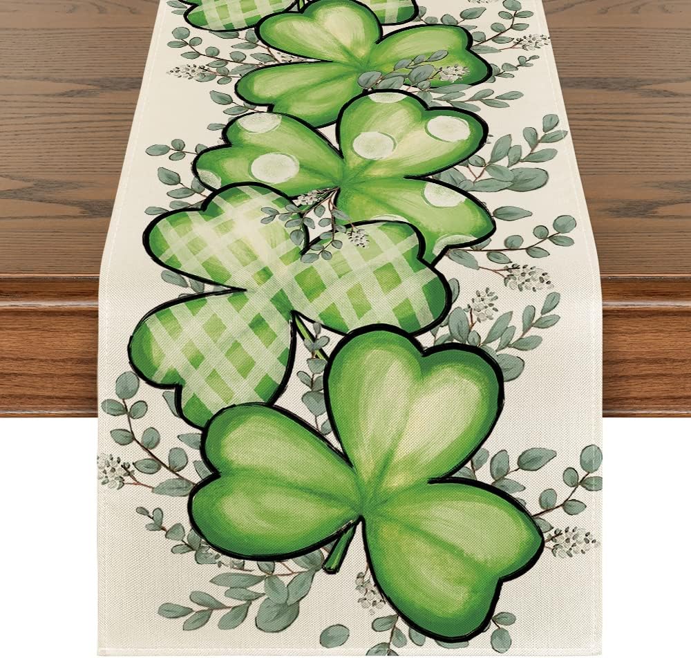 Clover Shamrocks Eucalyptus Buffalo Plaid St.Patrick's Day Table Runner, Seasonal Kitchen Dining Table Runner for Home Party Decor 13x72 Inch - Image 1