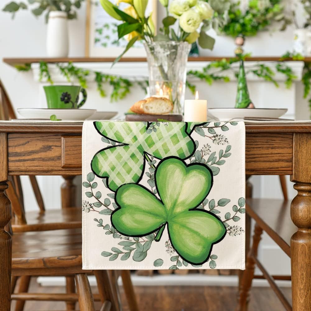 Clover Shamrocks Eucalyptus Buffalo Plaid St.Patrick's Day Table Runner, Seasonal Kitchen Dining Table Runner for Home Party Decor 13x72 Inch - Image 2