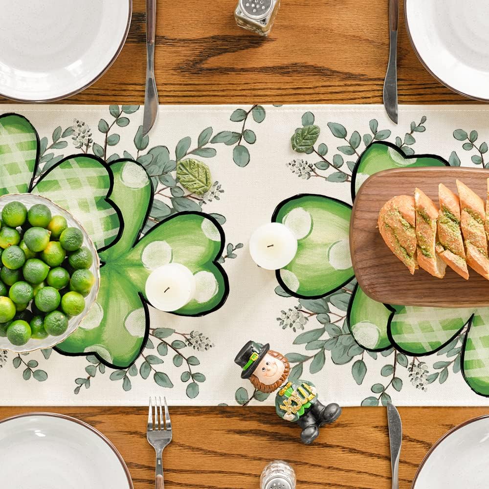 Clover Shamrocks Eucalyptus Buffalo Plaid St.Patrick's Day Table Runner, Seasonal Kitchen Dining Table Runner for Home Party Decor 13x72 Inch - Image 3