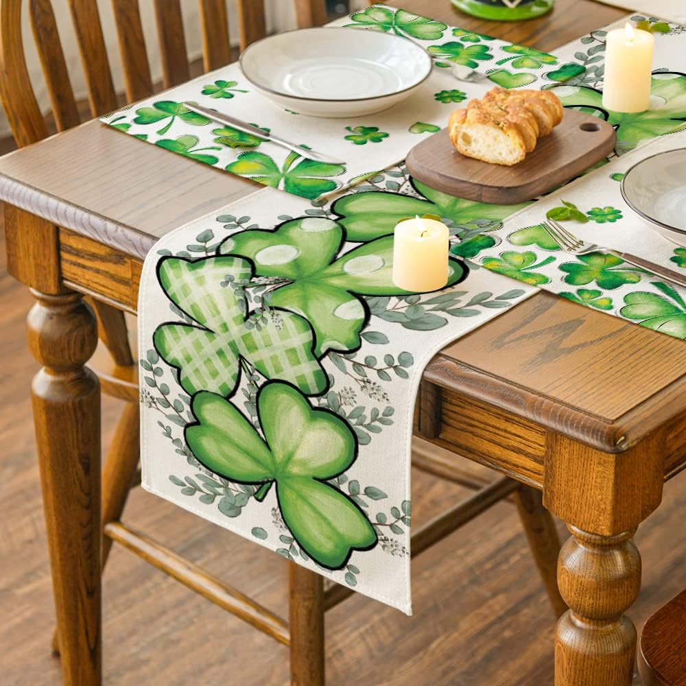 Clover Shamrocks Eucalyptus Buffalo Plaid St.Patrick's Day Table Runner, Seasonal Kitchen Dining Table Runner for Home Party Decor 13x72 Inch - Image 4