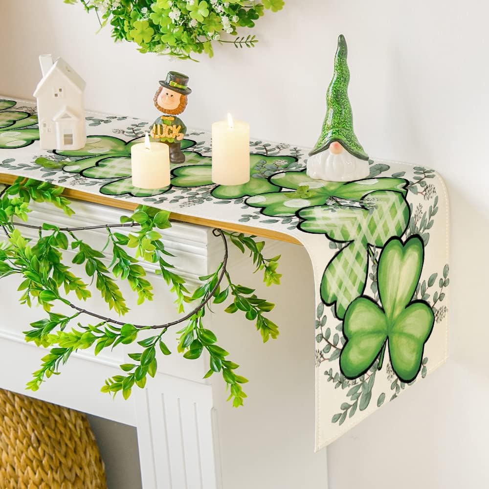 Clover Shamrocks Eucalyptus Buffalo Plaid St.Patrick's Day Table Runner, Seasonal Kitchen Dining Table Runner for Home Party Decor 13x72 Inch - Image 5