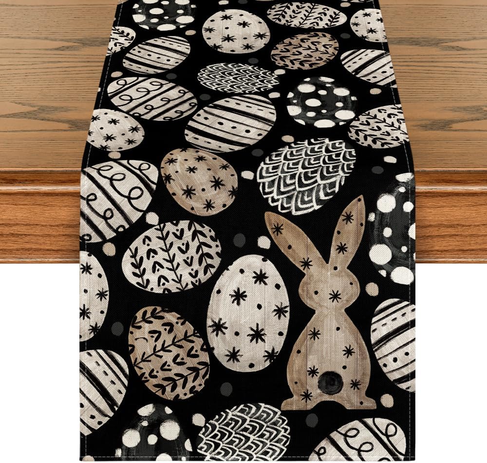 Bunny Rabbit Eggs Flowers Easter Table Runner, Seasonal Spring Kitchen Dining Table Decoration for Home Party Decor 13x72 Inch - Image 1