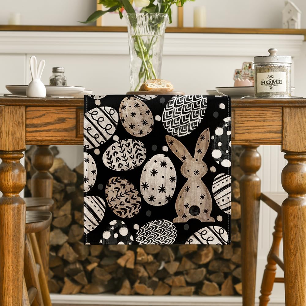 Bunny Rabbit Eggs Flowers Easter Table Runner, Seasonal Spring Kitchen Dining Table Decoration for Home Party Decor 13x72 Inch - Image 2