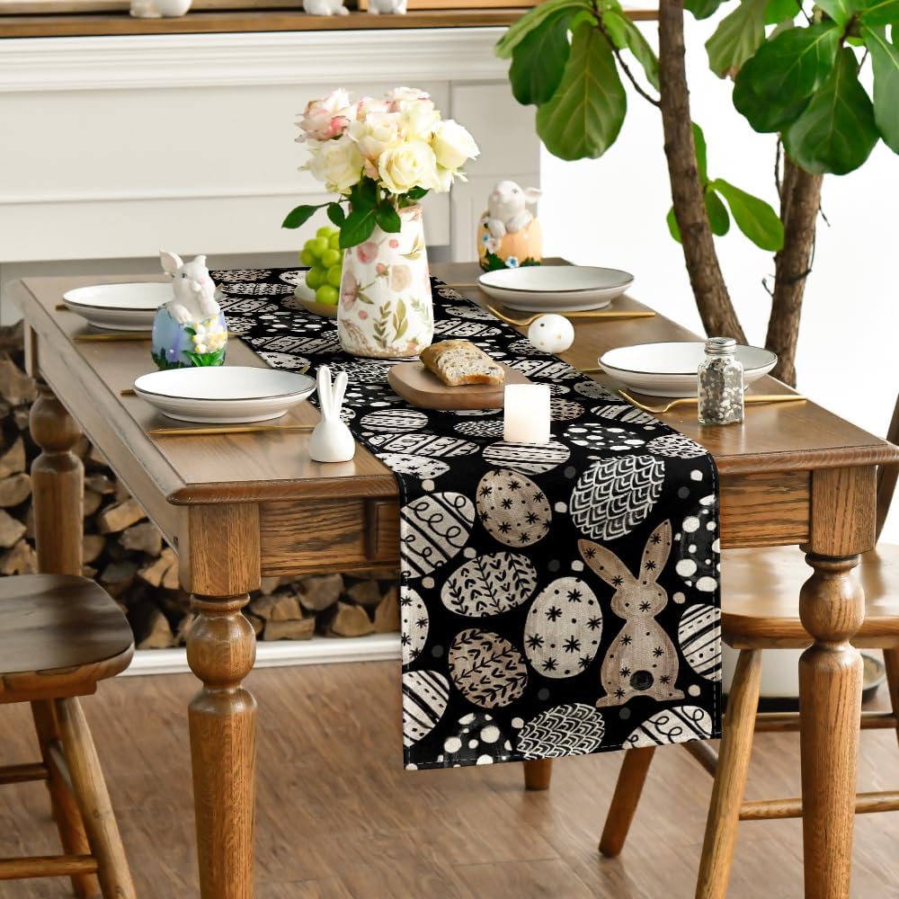Bunny Rabbit Eggs Flowers Easter Table Runner, Seasonal Spring Kitchen Dining Table Decoration for Home Party Decor 13x72 Inch - Image 3