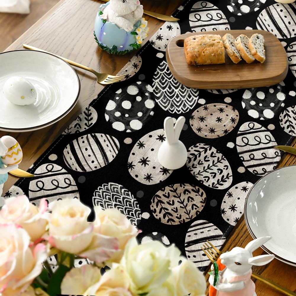 Bunny Rabbit Eggs Flowers Easter Table Runner, Seasonal Spring Kitchen Dining Table Decoration for Home Party Decor 13x72 Inch - Image 4