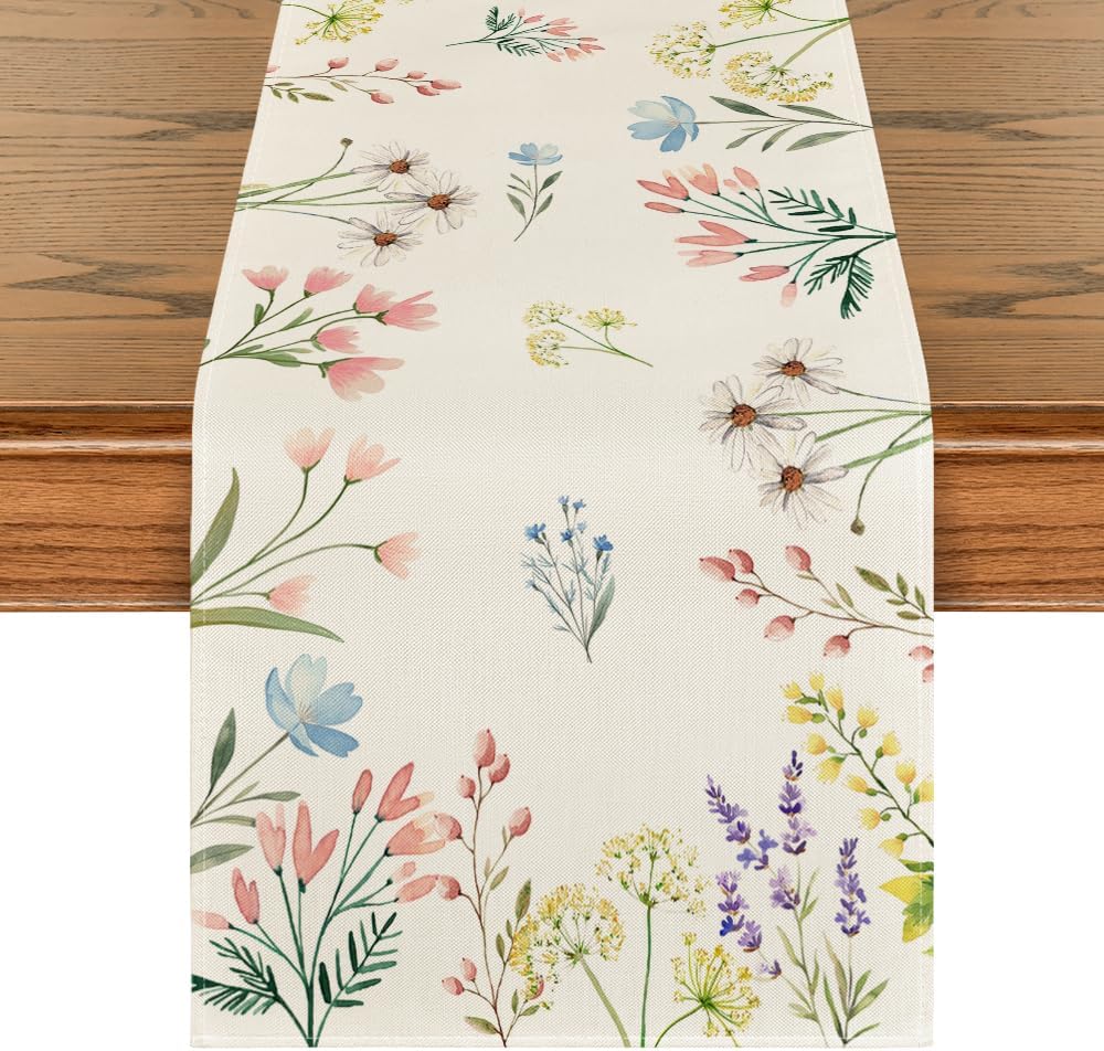 Flowers Floral Summer Table Runner, Seasonal Spring Fall Kitchen Dining Table Decoration for Home Party 13x72 Inch - Image 1