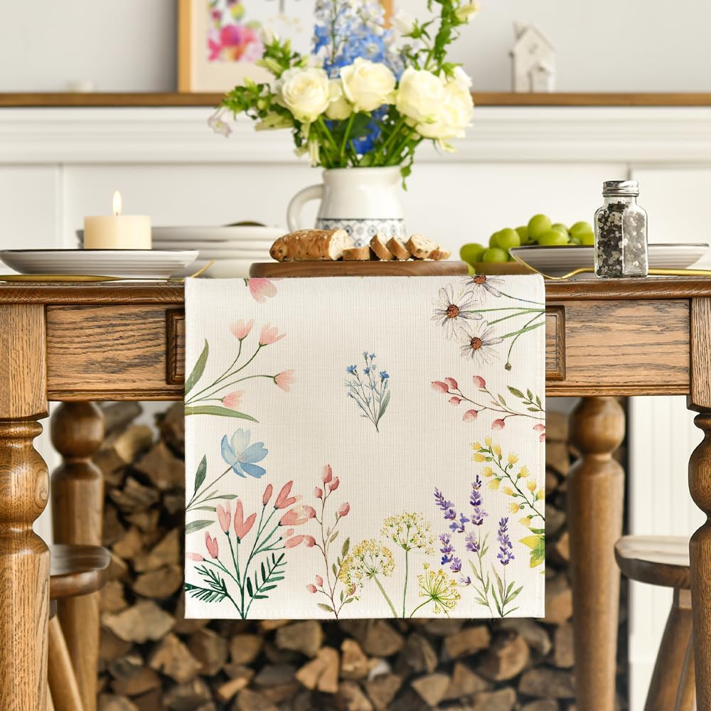 Flowers Floral Summer Table Runner, Seasonal Spring Fall Kitchen Dining Table Decoration for Home Party 13x72 Inch - Image 2