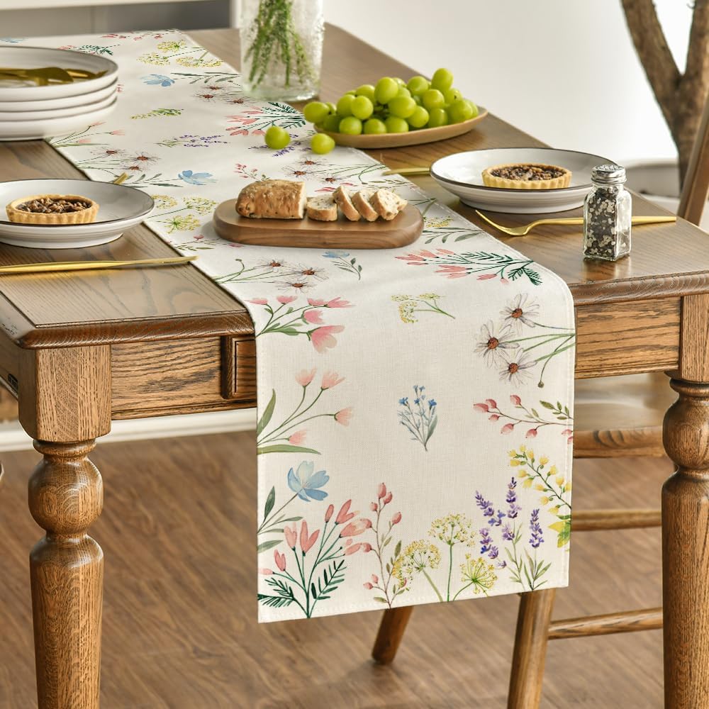 Flowers Floral Summer Table Runner, Seasonal Spring Fall Kitchen Dining Table Decoration for Home Party 13x72 Inch - Image 3