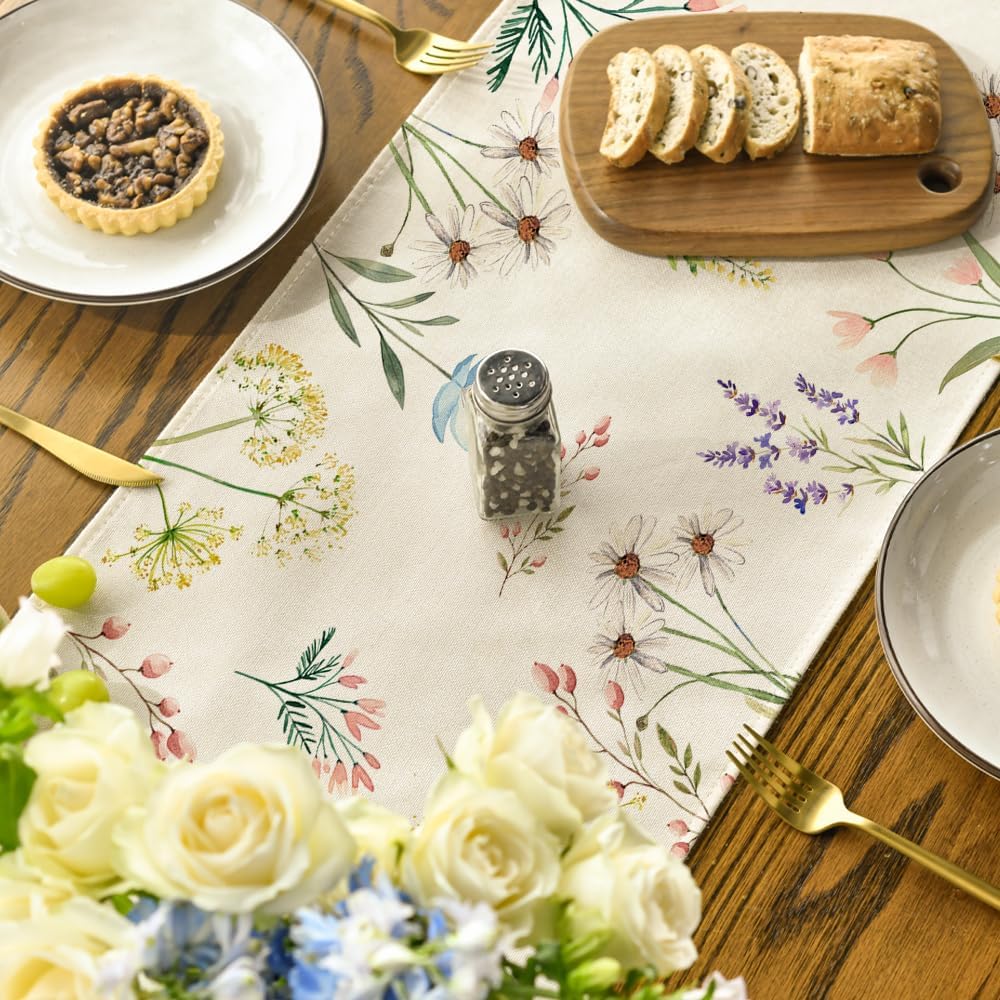 Flowers Floral Summer Table Runner, Seasonal Spring Fall Kitchen Dining Table Decoration for Home Party 13x72 Inch - Image 4