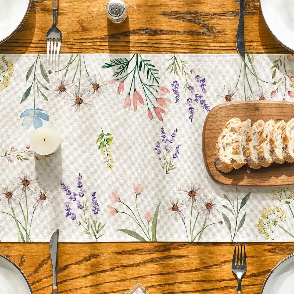 Flowers Floral Summer Table Runner, Seasonal Spring Fall Kitchen Dining Table Decoration for Home Party 13x72 Inch - Image 7