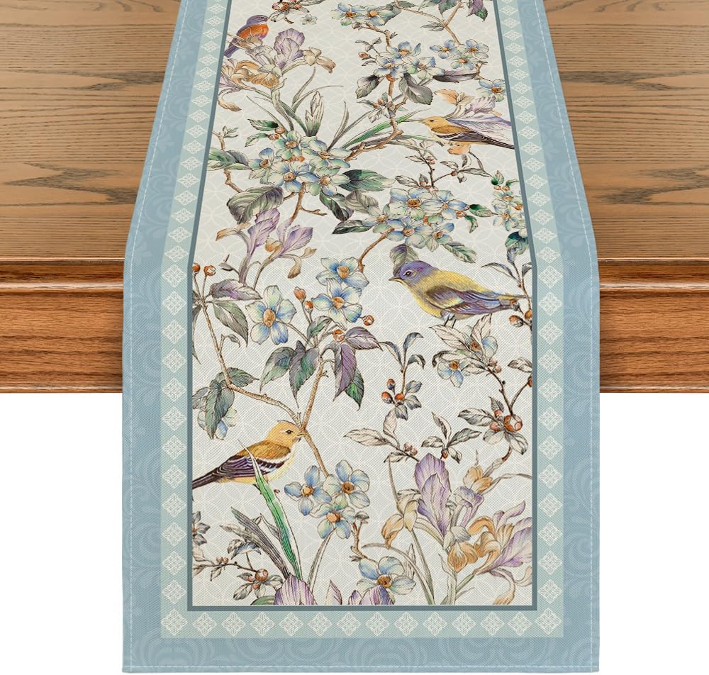 Blue Birds Flowers Blossom Table Runner, Seasonal Spring Floral Kitchen Dining Table Decoration for Home Party Decor 13x72 Inch - Image 1