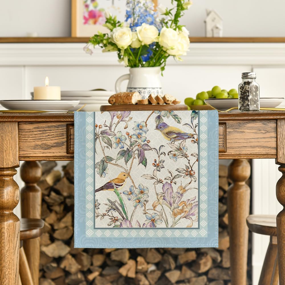 Blue Birds Flowers Blossom Table Runner, Seasonal Spring Floral Kitchen Dining Table Decoration for Home Party Decor 13x72 Inch - Image 2