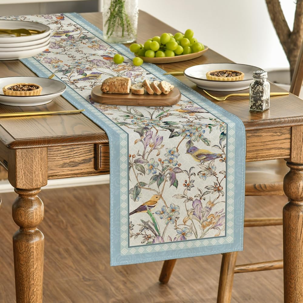 Blue Birds Flowers Blossom Table Runner, Seasonal Spring Floral Kitchen Dining Table Decoration for Home Party Decor 13x72 Inch - Image 3