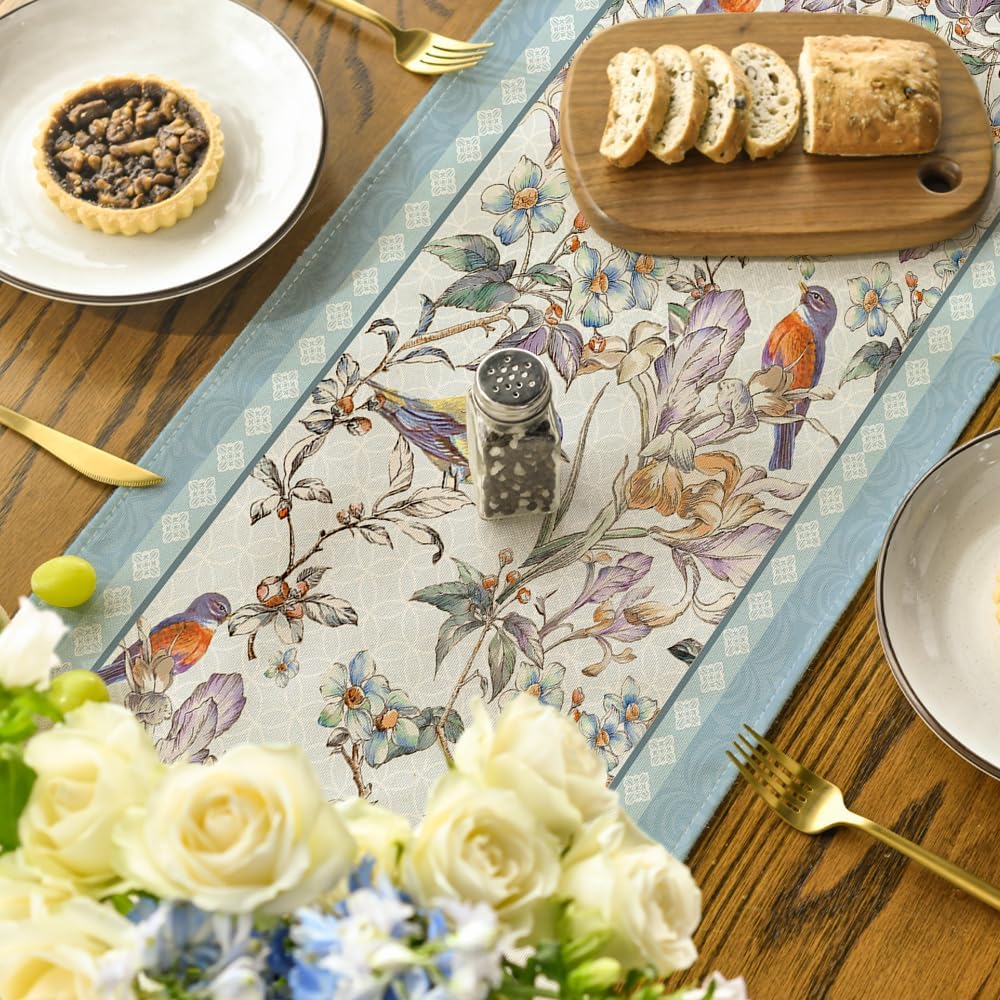 Blue Birds Flowers Blossom Table Runner, Seasonal Spring Floral Kitchen Dining Table Decoration for Home Party Decor 13x72 Inch - Image 4