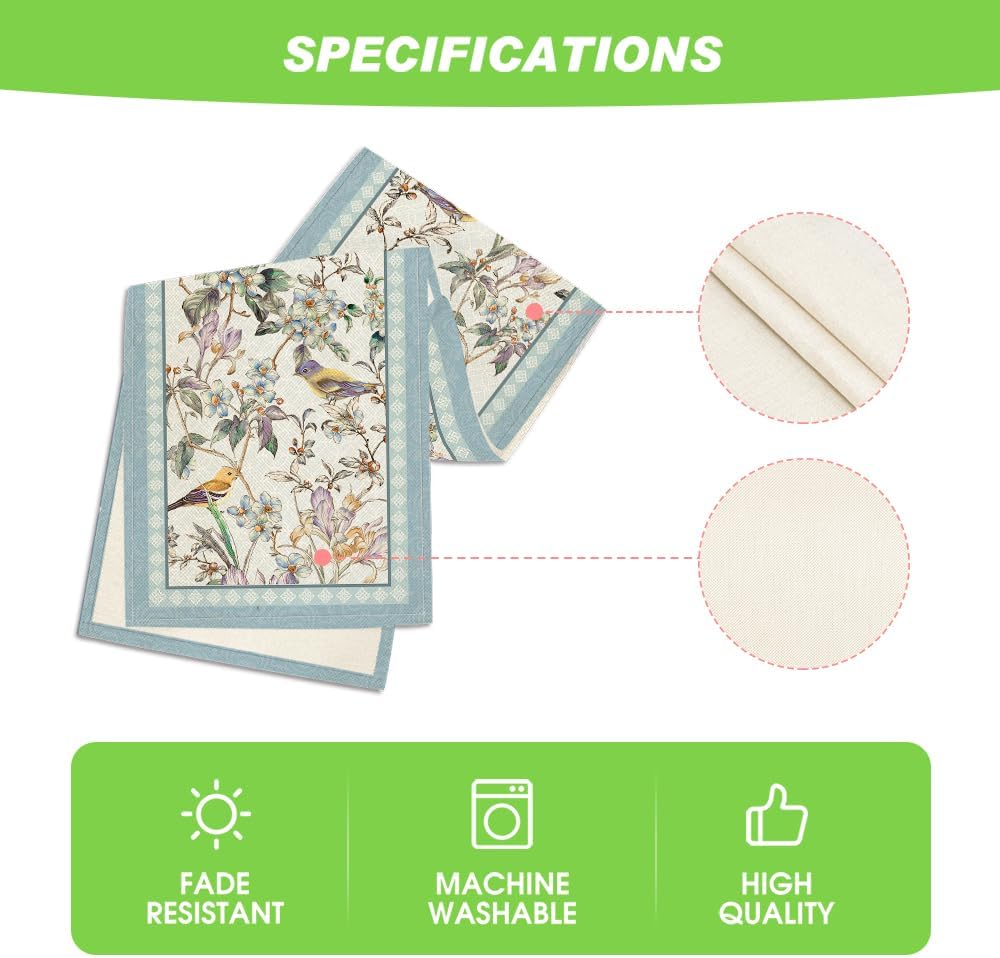 Blue Birds Flowers Blossom Table Runner, Seasonal Spring Floral Kitchen Dining Table Decoration for Home Party Decor 13x72 Inch - Image 5