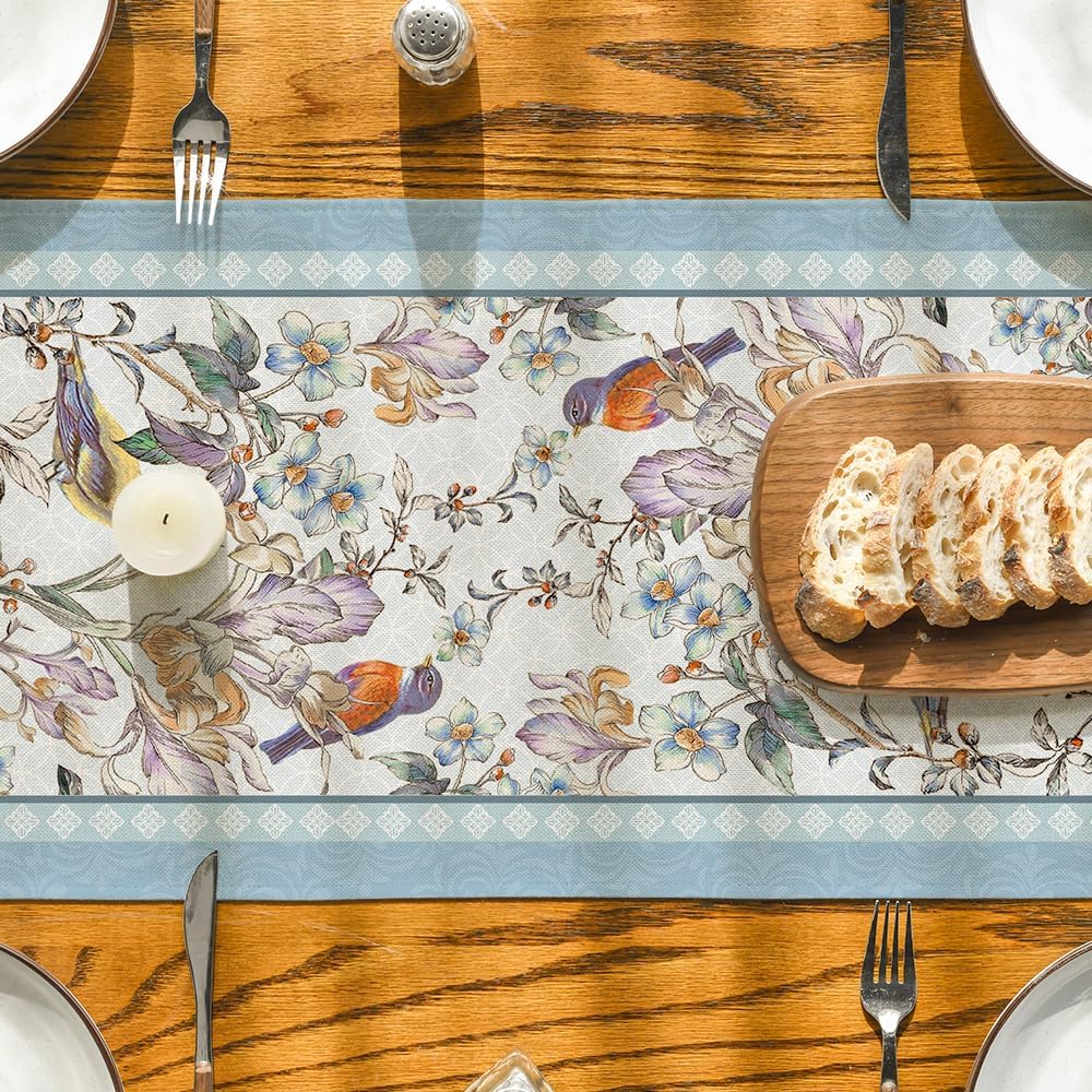 Blue Birds Flowers Blossom Table Runner, Seasonal Spring Floral Kitchen Dining Table Decoration for Home Party Decor 13x72 Inch - Image 7
