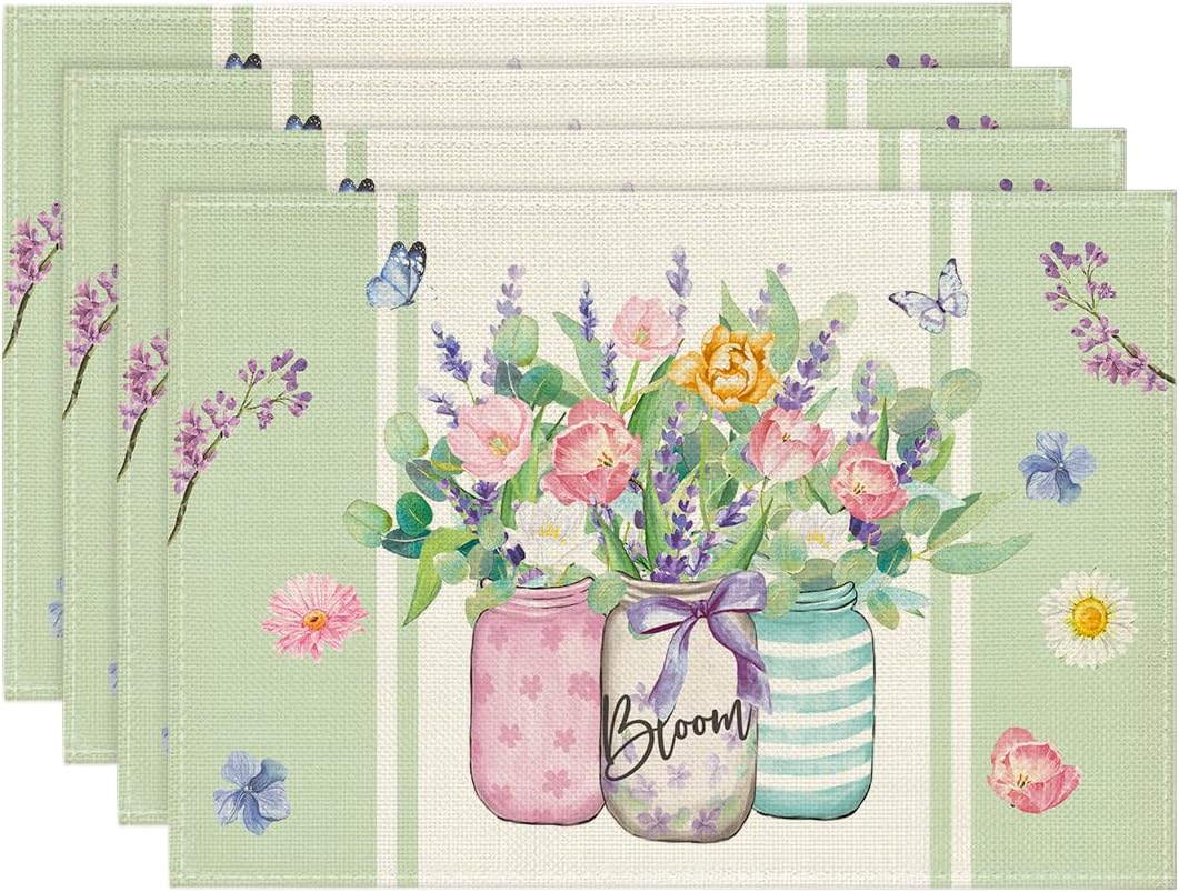 Bloom Vase Floral Spring Placemats Set of 4, 12x18 Inch Seasonal Table Mats for Party Kitchen Dining Decoration - Image 1