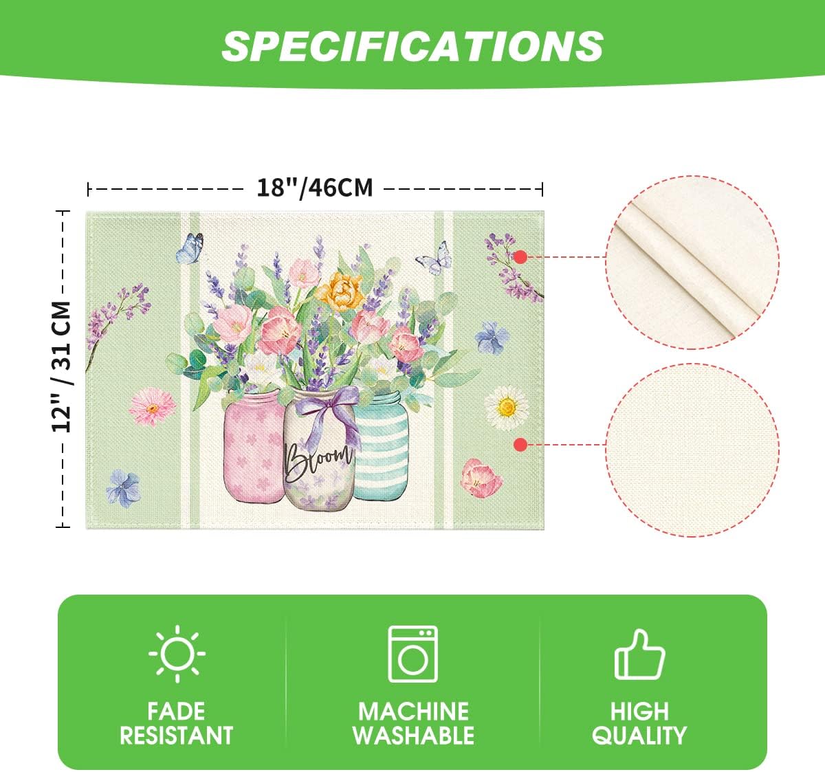Bloom Vase Floral Spring Placemats Set of 4, 12x18 Inch Seasonal Table Mats for Party Kitchen Dining Decoration - Image 6