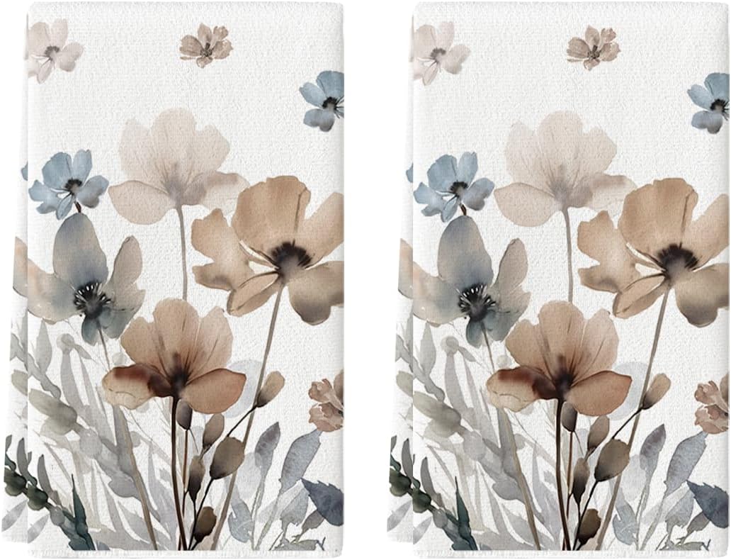 Brown Poppy Floral Leaves Spring Kitchen Towels Dish Towels, 18x26 Inch Seasonal Summer Decoration Hand Towels Set of 2 - Image 1