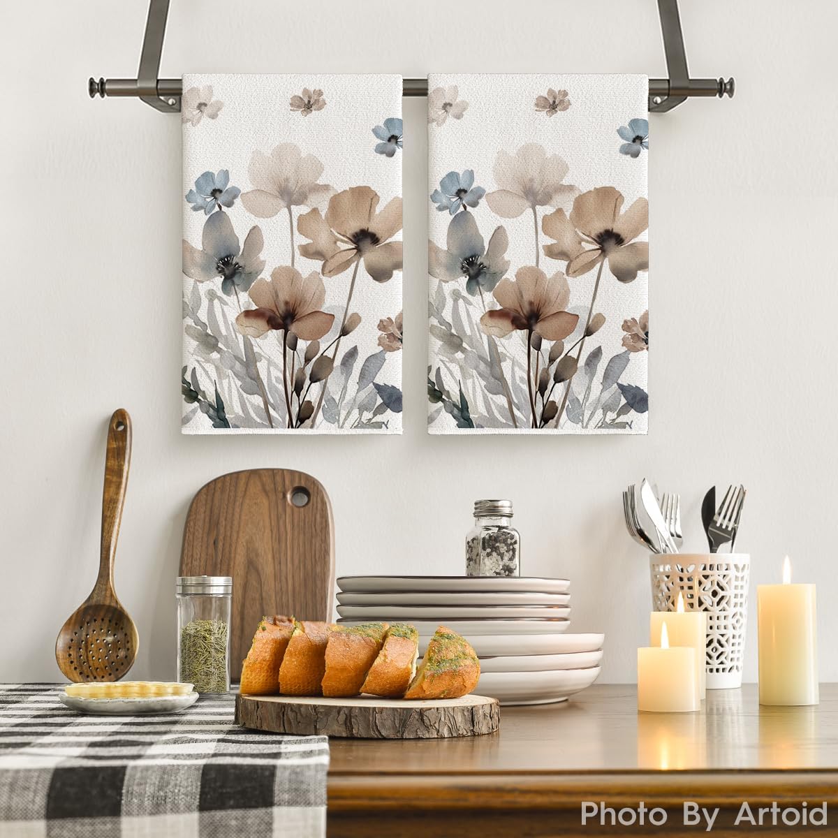 Brown Poppy Floral Leaves Spring Kitchen Towels Dish Towels, 18x26 Inch Seasonal Summer Decoration Hand Towels Set of 2 - Image 2
