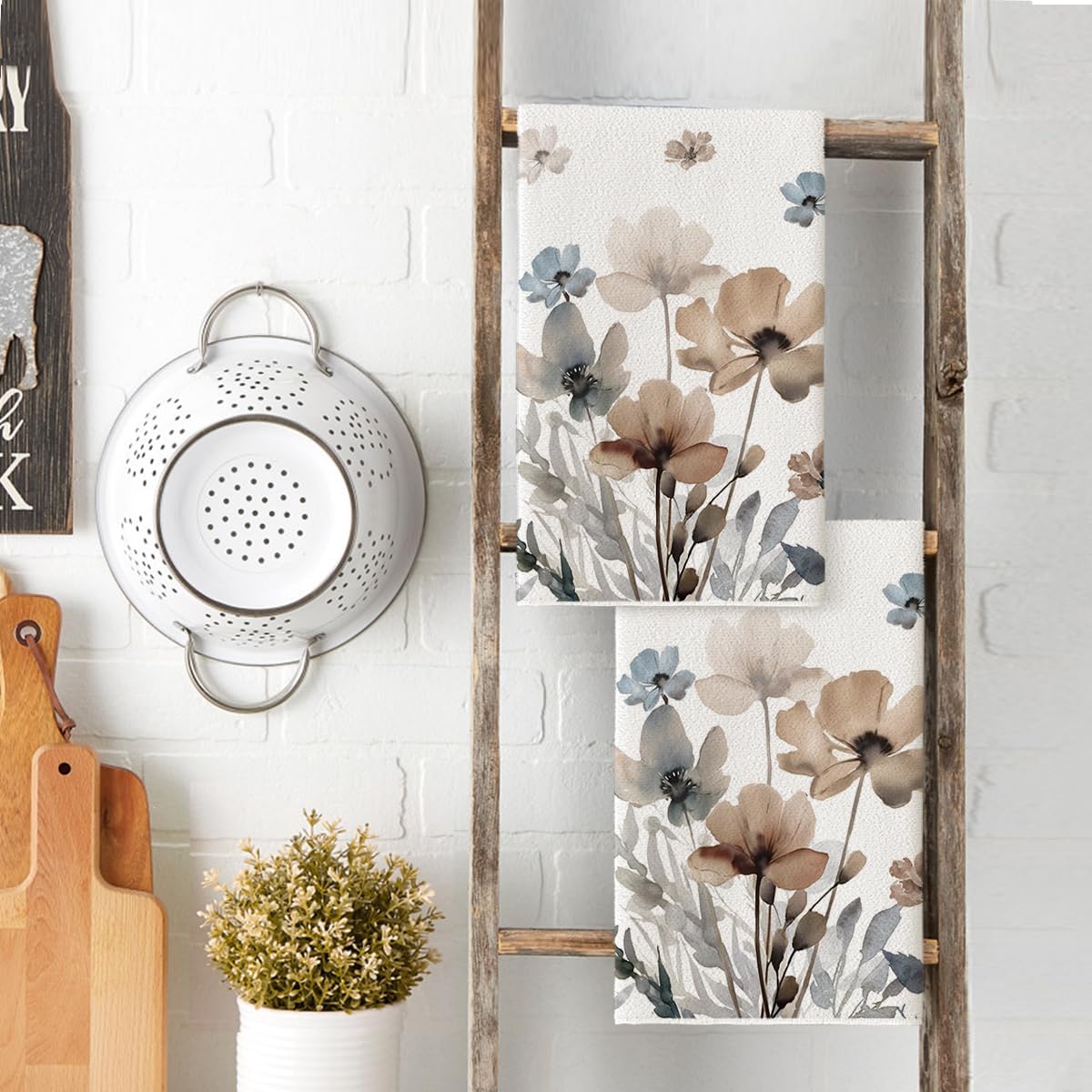 Brown Poppy Floral Leaves Spring Kitchen Towels Dish Towels, 18x26 Inch Seasonal Summer Decoration Hand Towels Set of 2 - Image 3