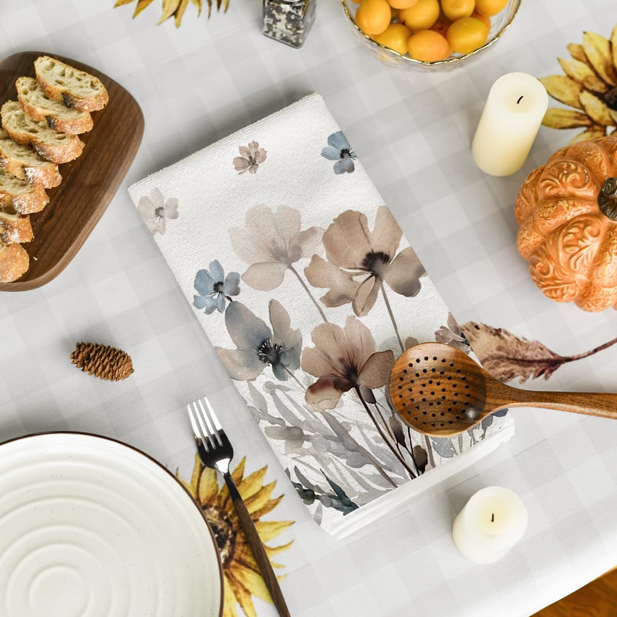 Brown Poppy Floral Leaves Spring Kitchen Towels Dish Towels, 18x26 Inch Seasonal Summer Decoration Hand Towels Set of 2 - Image 4